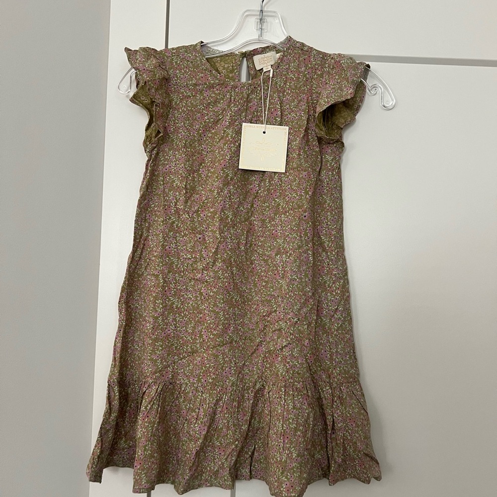 Creamie Girls' Olive Green Floral Ruffle Dress with Keyhole Back